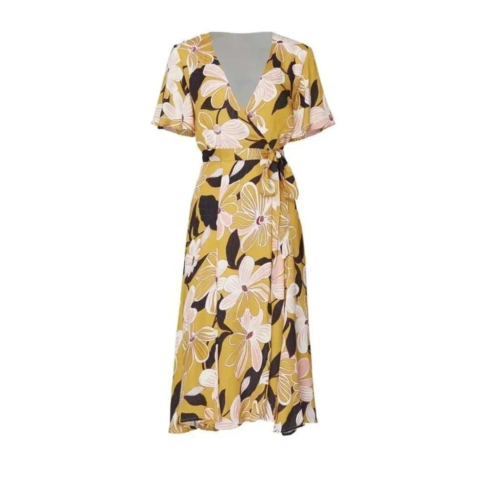 Slate & Willow Dark Yellow Mod Daisy Wrap Midi Dress $297 - Picture 5 of 11